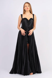 Pleated Embroidered Long Evening Dress