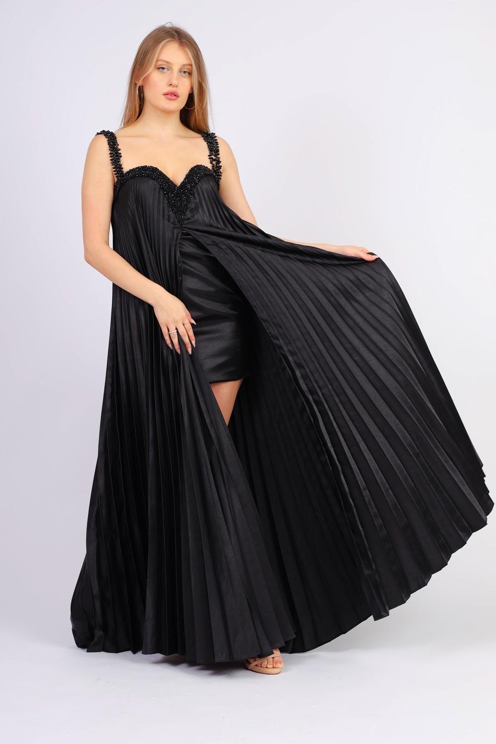 Pleated Embroidered Long Evening Dress