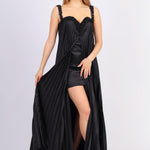 Pleated Embroidered Long Evening Dress