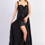 Pleated Embroidered Long Evening Dress