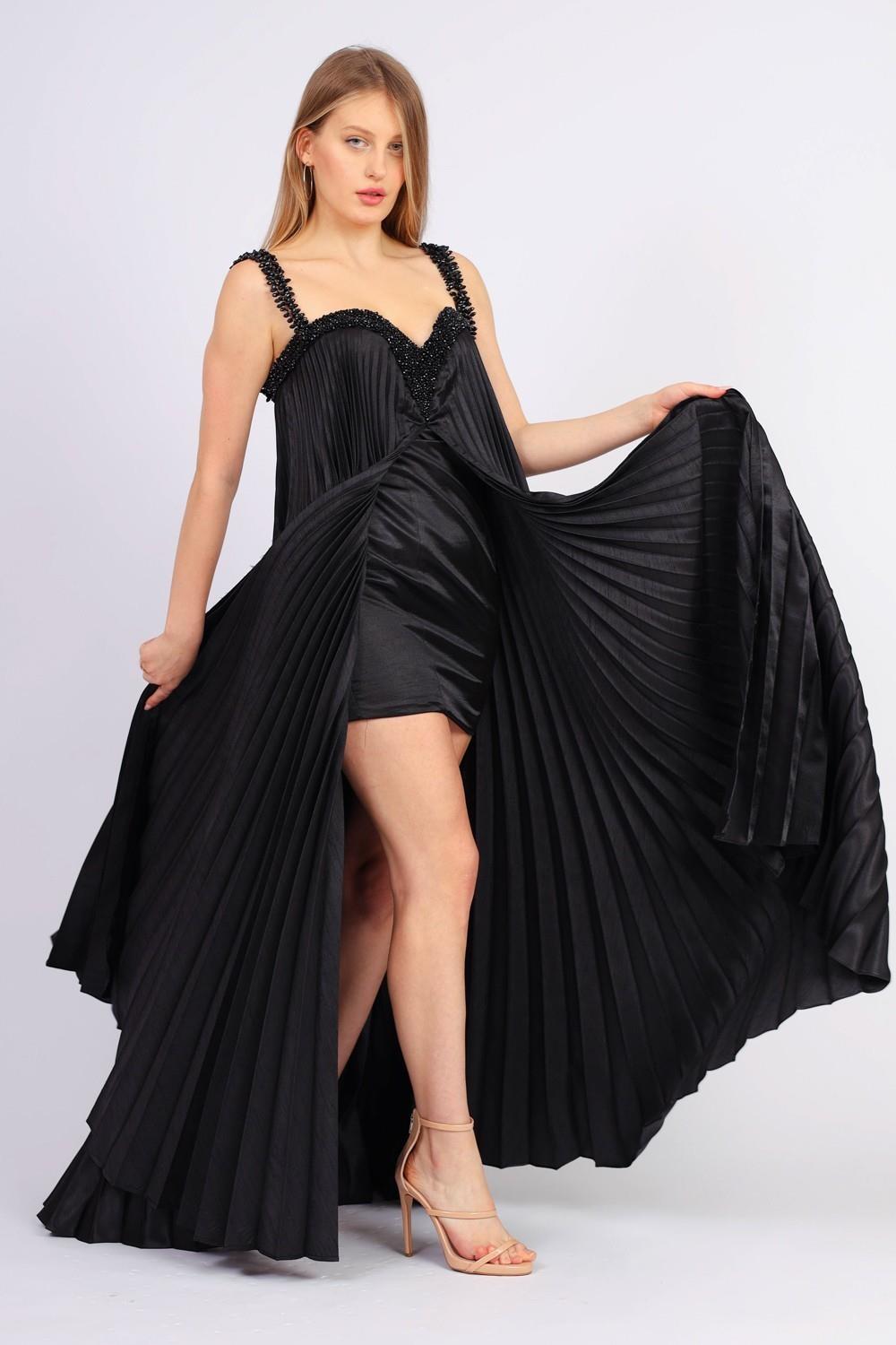 Pleated Embroidered Long Evening Dress