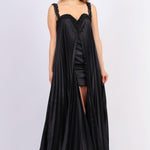 Pleated Embroidered Long Evening Dress