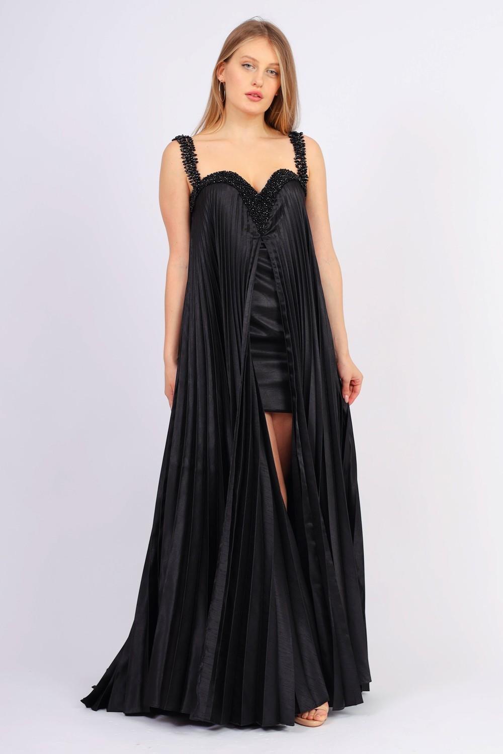 Pleated Embroidered Long Evening Dress