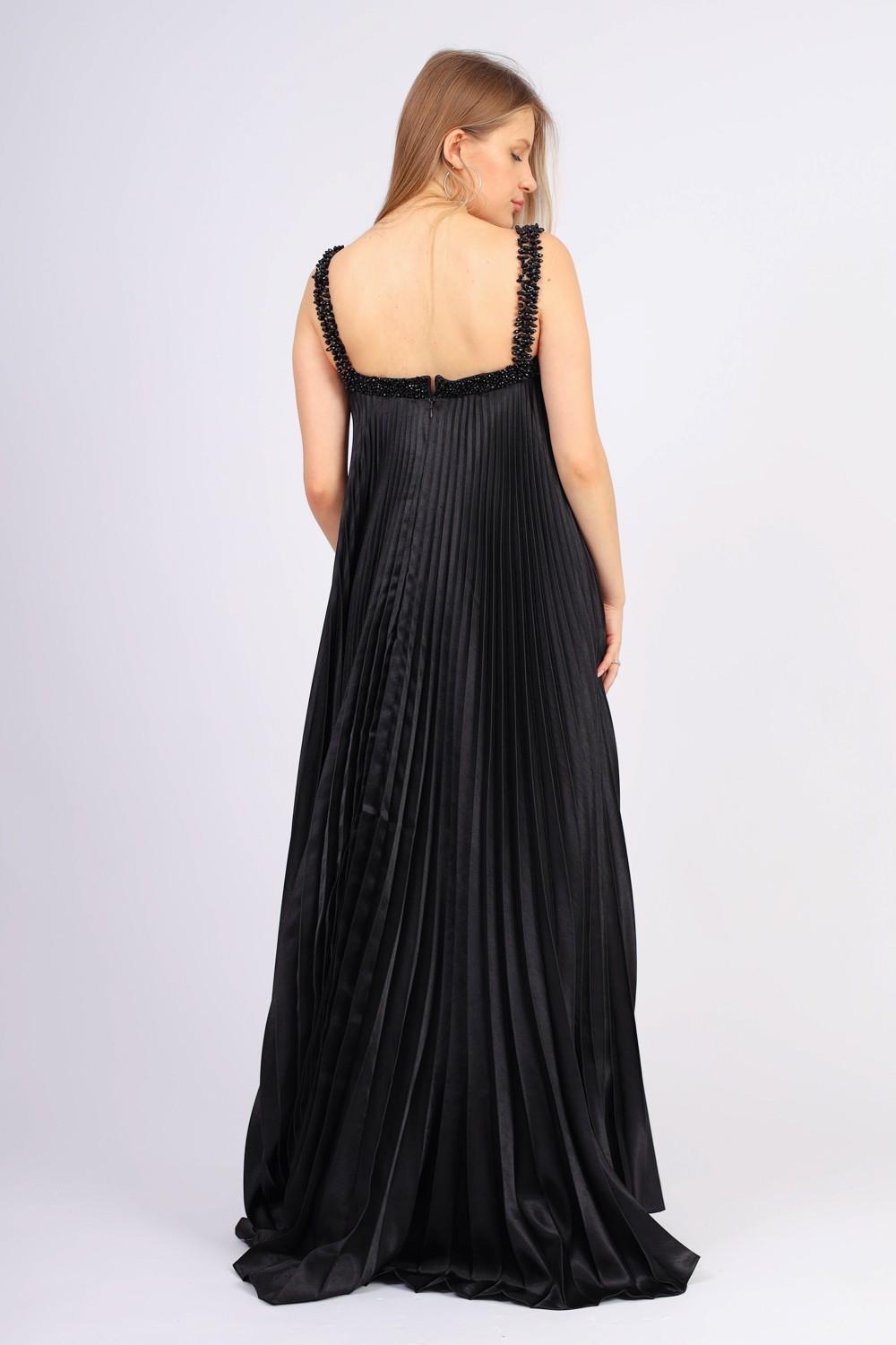 Pleated Embroidered Long Evening Dress