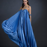 Pleated Embroidered Long Evening Dress