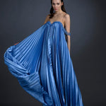 Pleated Embroidered Long Evening Dress