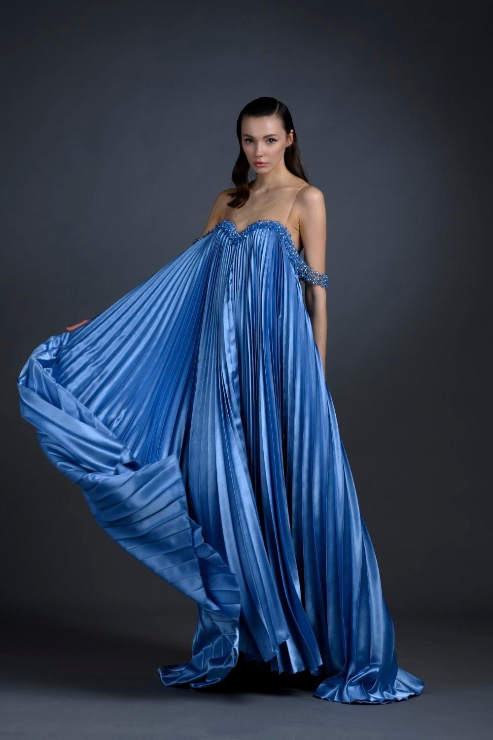 Pleated Embroidered Long Evening Dress