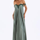 Pleated Embroidered Long Evening Dress - 4040C