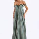 Pleated Embroidered Long Evening Dress