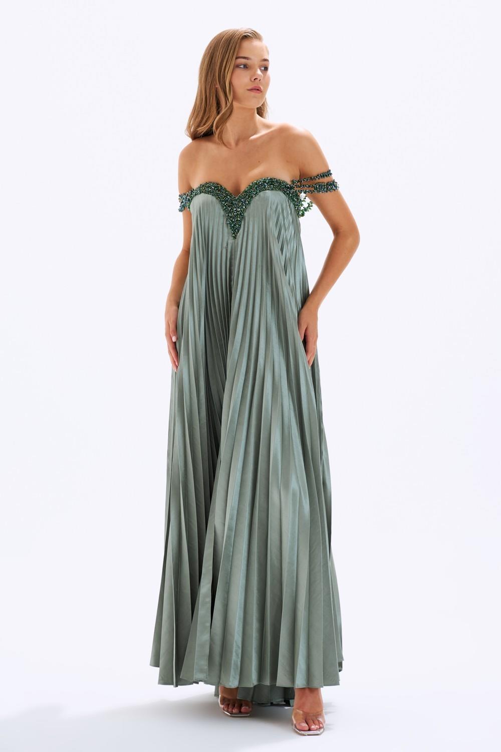 Pleated Embroidered Long Evening Dress