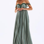 Pleated Embroidered Long Evening Dress