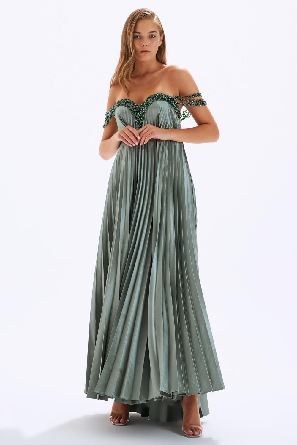 Pleated Embroidered Long Evening Dress