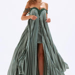 Pleated Embroidered Long Evening Dress