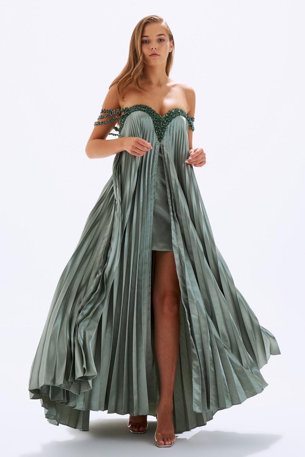 Pleated Embroidered Long Evening Dress
