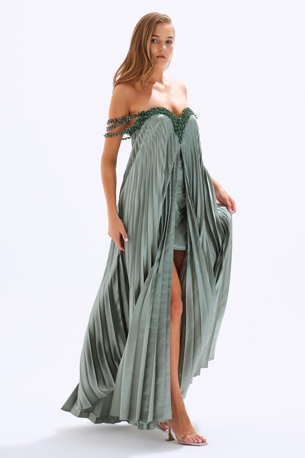 Pleated Embroidered Long Evening Dress