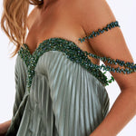 Pleated Embroidered Long Evening Dress