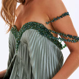 Pleated Embroidered Long Evening Dress