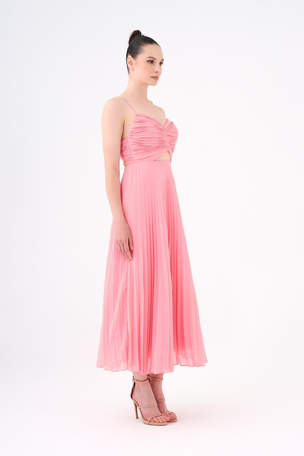 Pleated Strappy Midi Evening Dress