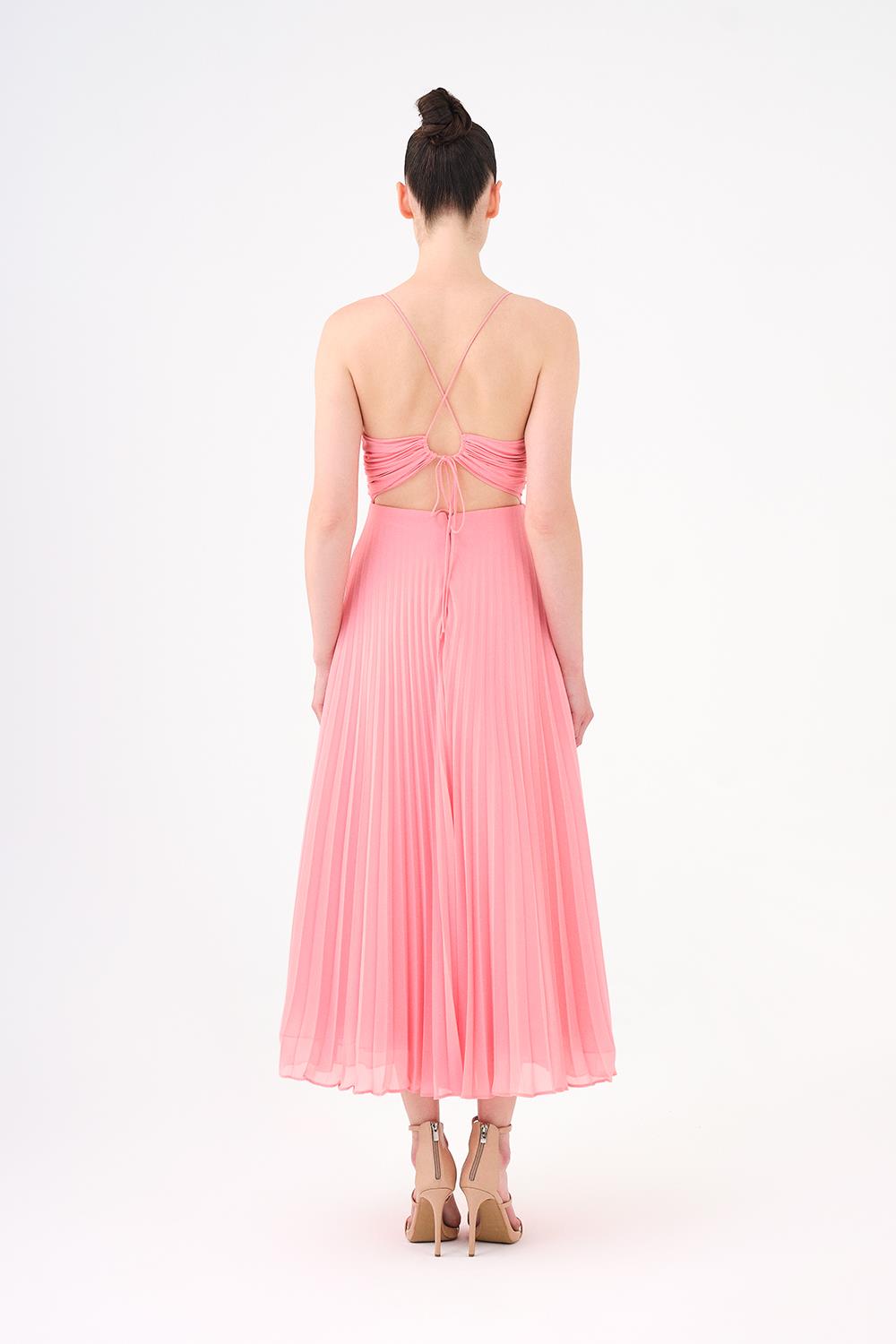 Pleated Strappy Midi Evening Dress