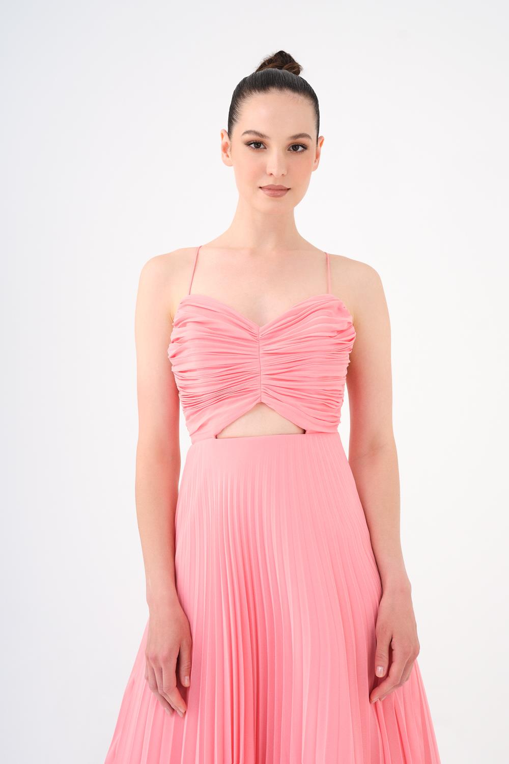 Pleated Strappy Midi Evening Dress