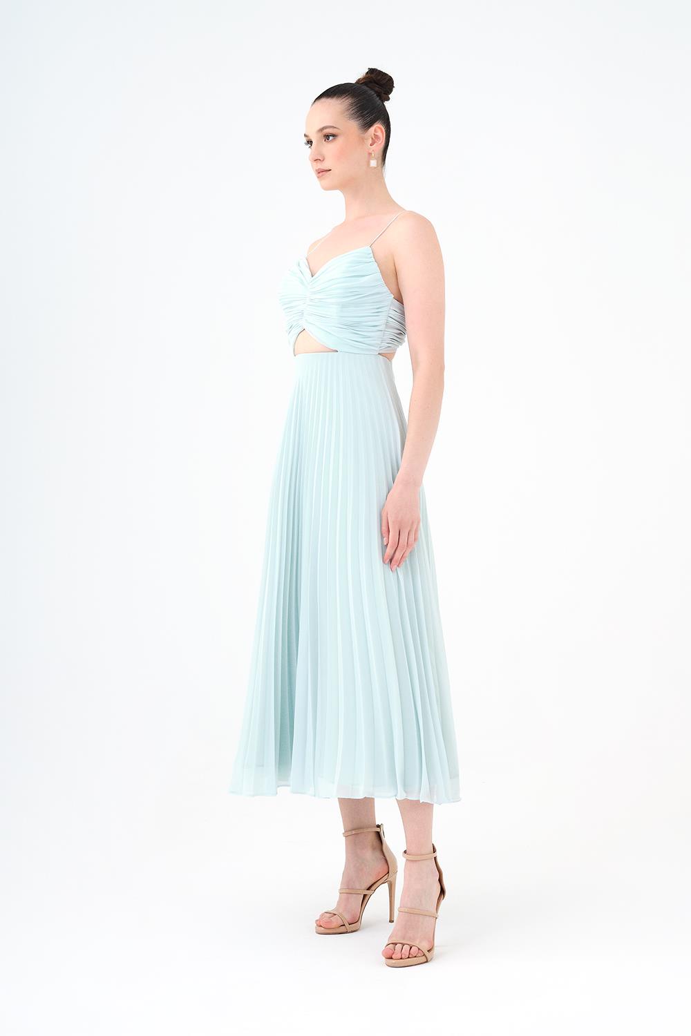 Pleated Strappy Midi Evening Dress