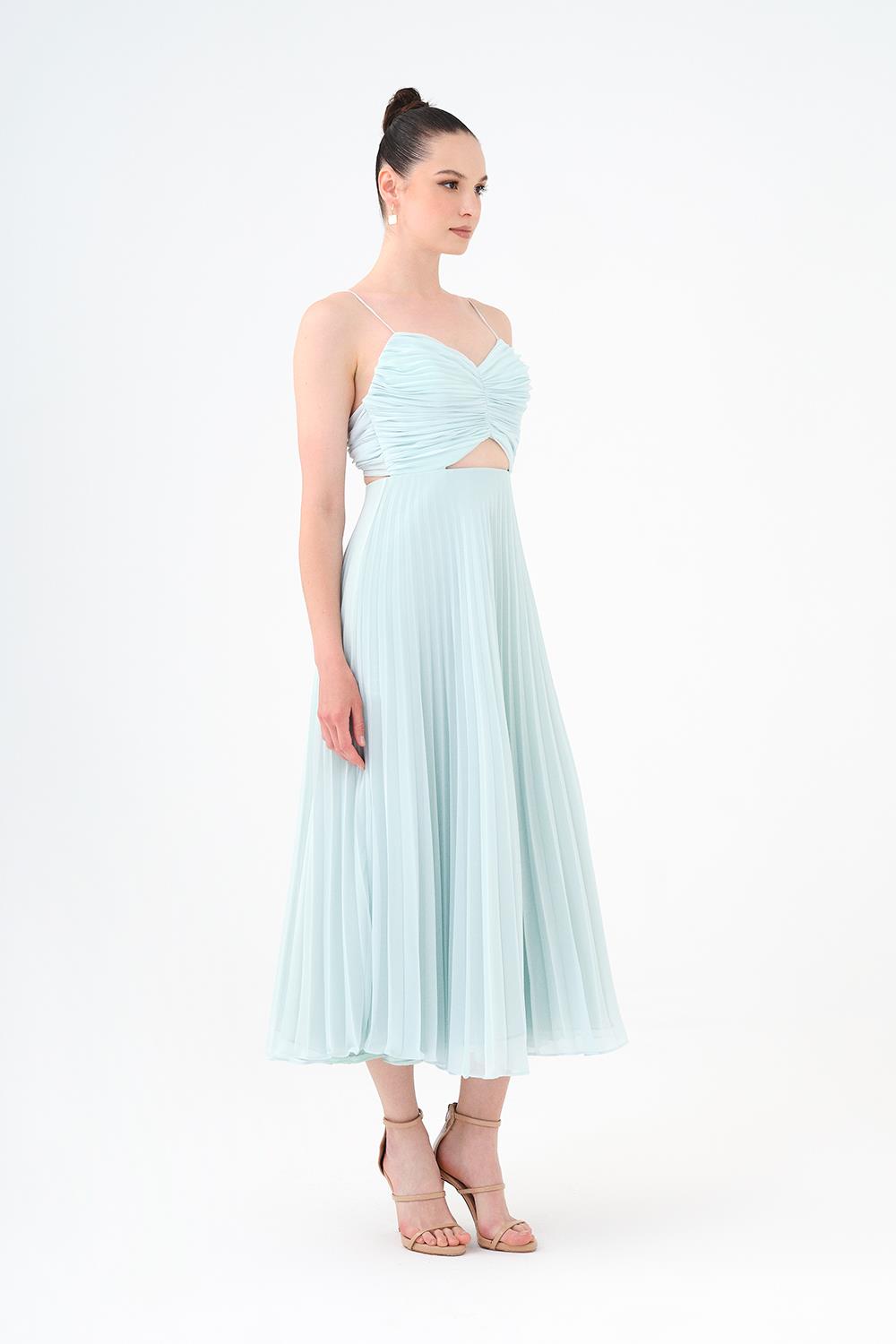 Pleated Strappy Midi Evening Dress