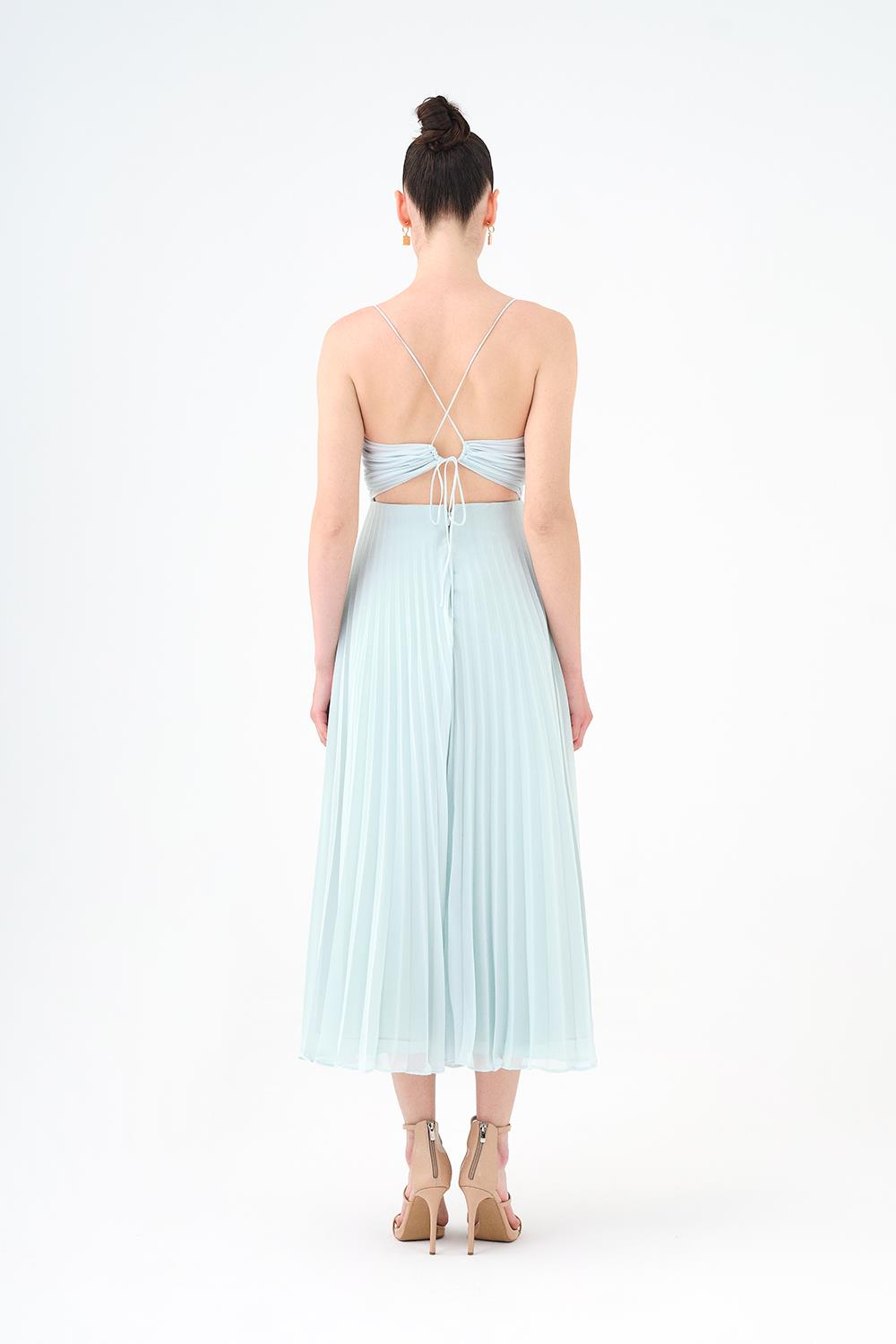 Pleated Strappy Midi Evening Dress