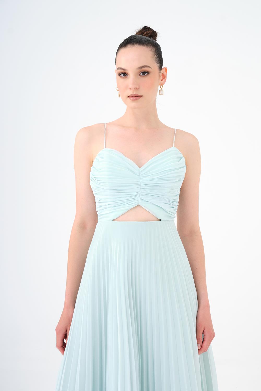 Pleated Strappy Midi Evening Dress