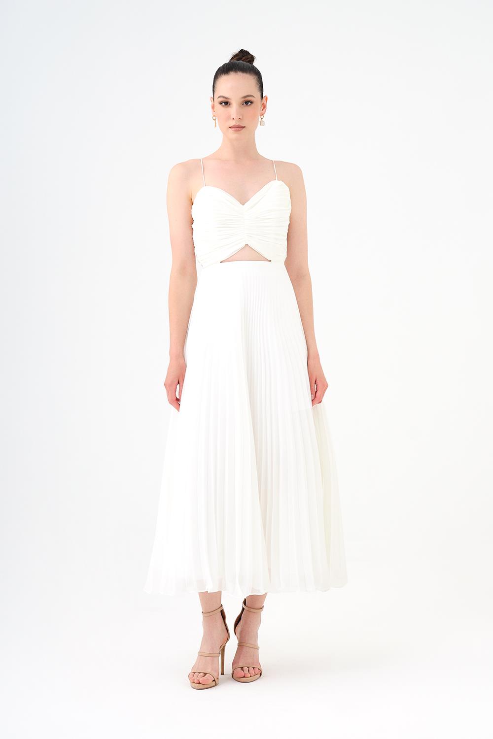 Pleated Strappy Midi Evening Dress