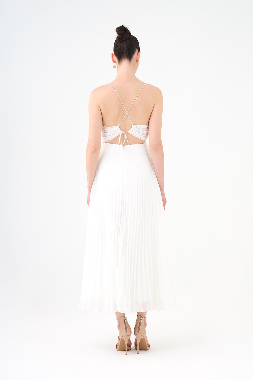 Pleated Strappy Midi Evening Dress