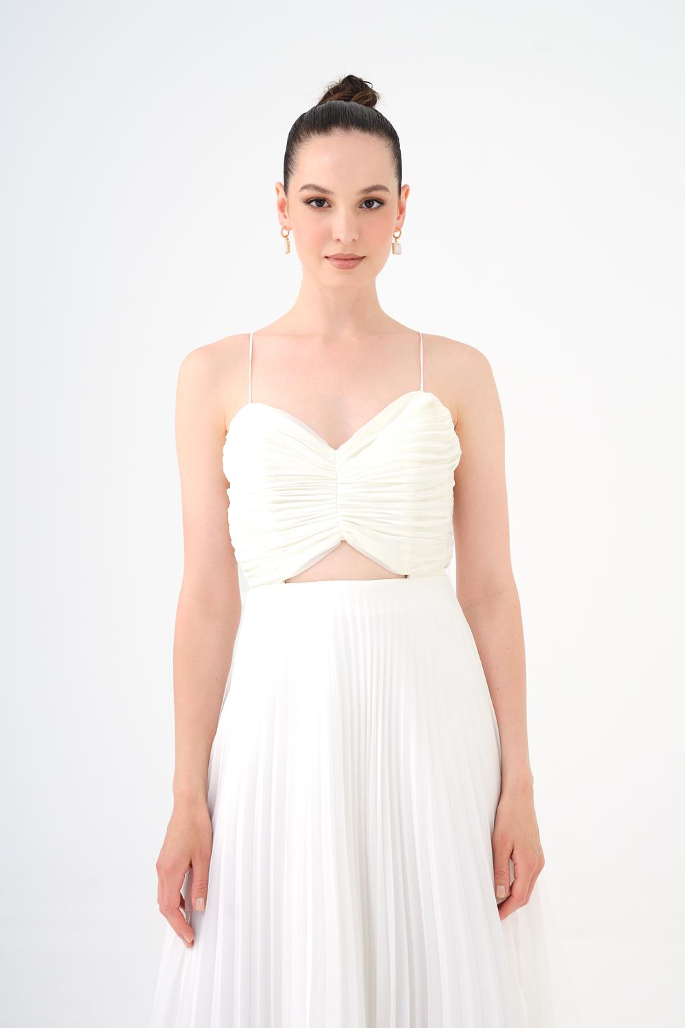 Pleated Strappy Midi Evening Dress