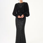 Pleated Sleeve and Drape Detailed Long Evening Dress with Stones