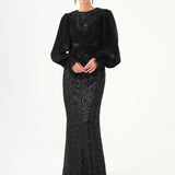 Pleated Sleeve and Drape Detailed Long Evening Dress with Stones