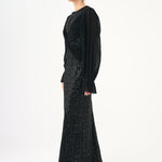 Pleated Sleeve and Drape Detailed Long Evening Dress with Stones