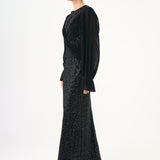 Pleated Sleeve and Drape Detailed Long Evening Dress with Stones