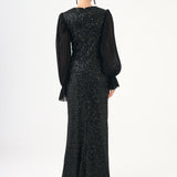 Pleated Sleeve and Drape Detailed Long Evening Dress with Stones