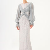 Pleated Sleeve and Drape Detailed Long Evening Dress with Stones