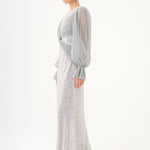 Pleated Sleeve and Drape Detailed Long Evening Dress with Stones