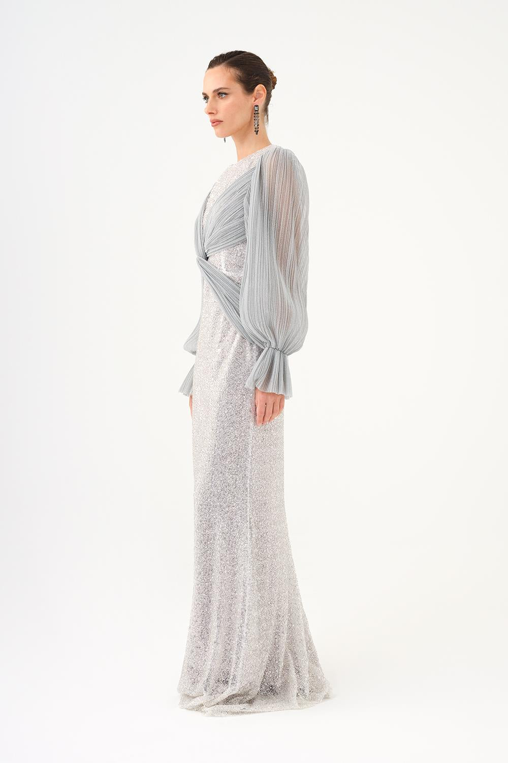 Pleated Sleeve and Drape Detailed Long Evening Dress with Stones