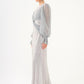 Pleated Sleeve and Drape Detailed Long Evening Dress with Stones
