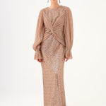 Pleated Sleeve and Drape Detailed Long Evening Dress with Stones