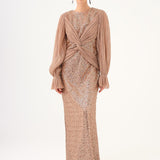 Pleated Sleeve and Drape Detailed Long Evening Dress with Stones