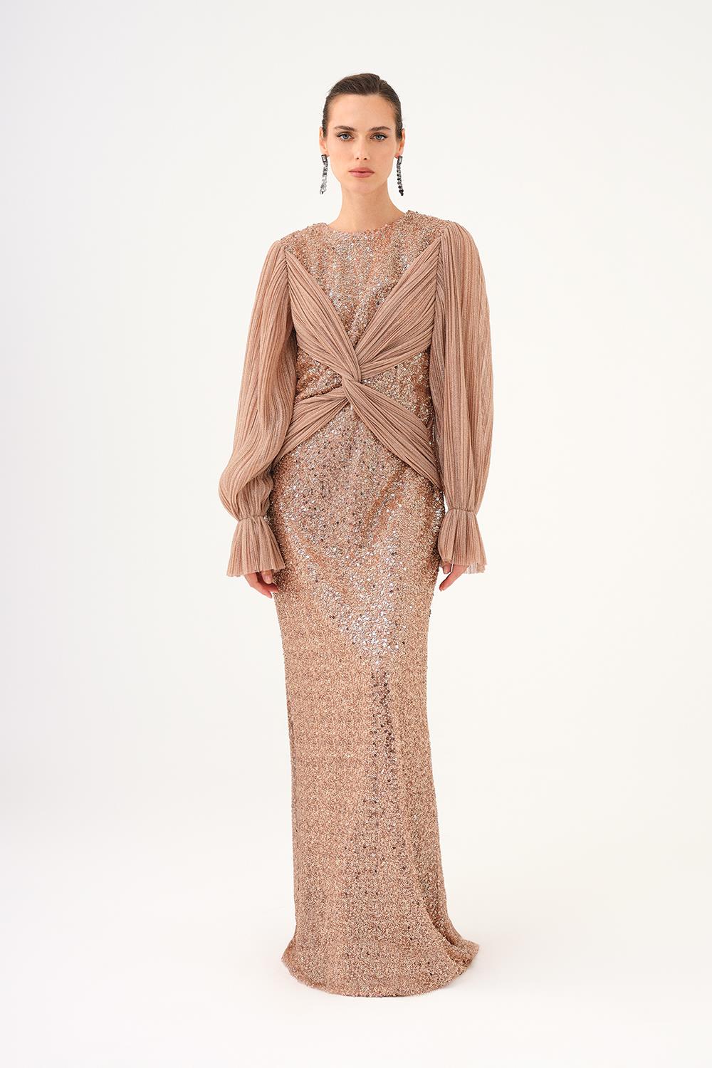 Pleated Sleeve and Drape Detailed Long Evening Dress with Stones