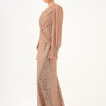 Pleated Sleeve and Drape Detailed Long Evening Dress with Stones