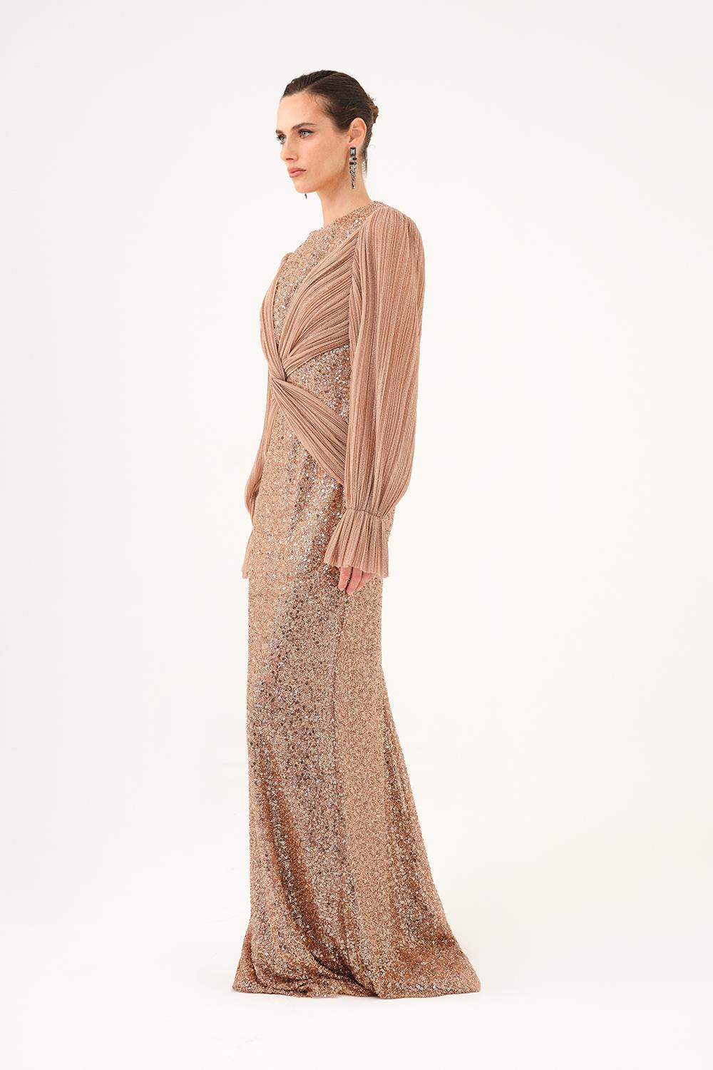 Pleated Sleeve and Drape Detailed Long Evening Dress with Stones