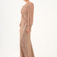 Pleated Sleeve and Drape Detailed Long Evening Dress with Stones