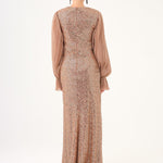 Pleated Sleeve and Drape Detailed Long Evening Dress with Stones