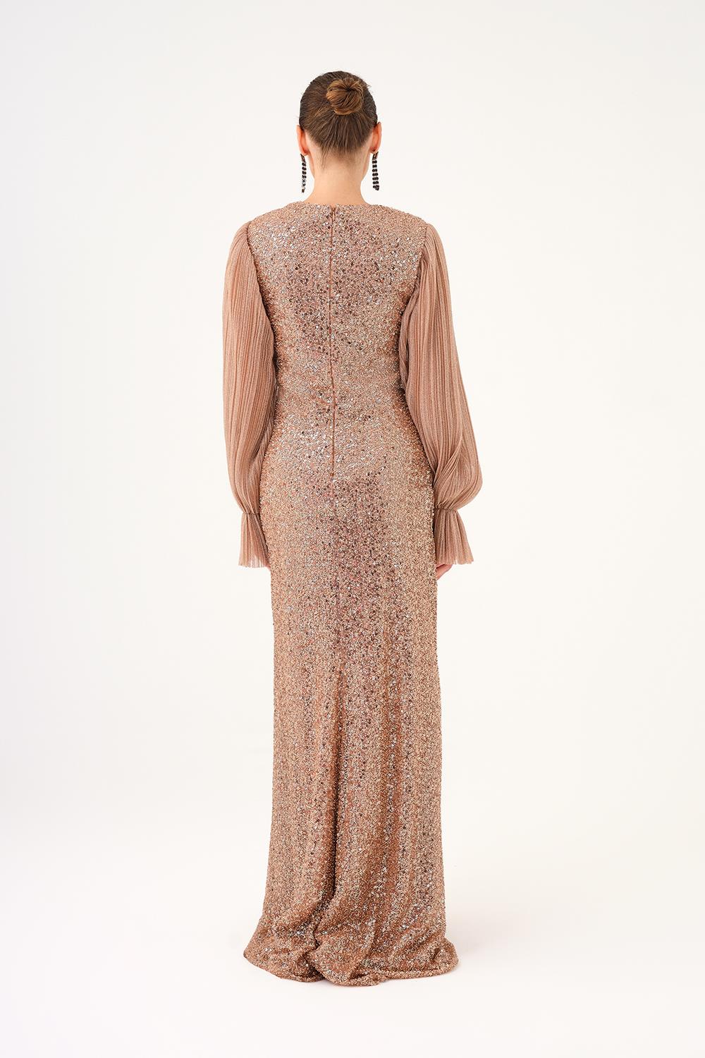 Pleated Sleeve and Drape Detailed Long Evening Dress with Stones