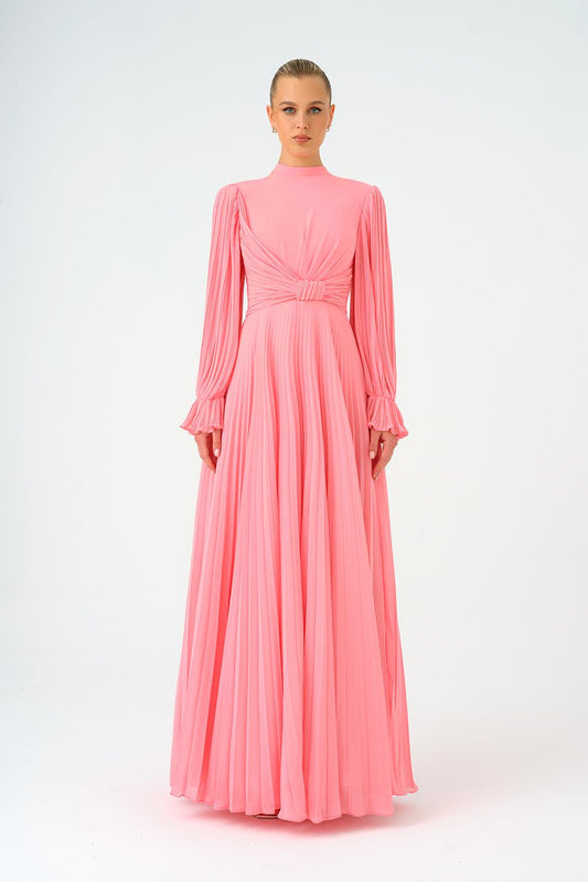 Pleated Stand Collar Hijab Long Evening Dress - 9153C