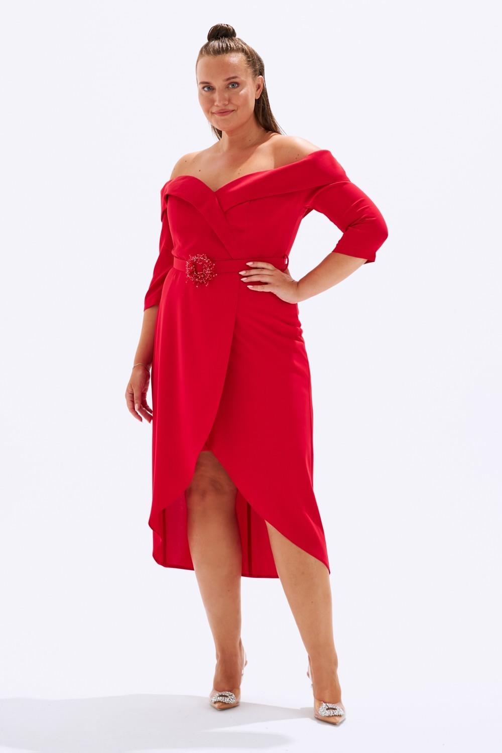 Off-Shoulder & Belted Plus Size Evening Dress